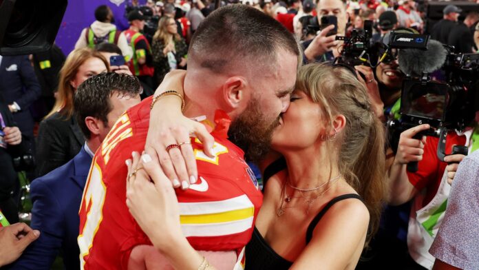 Impressive: A scene from a movie features Taylor Swift and Travis Kelce celebrating their Super Bowl victory...