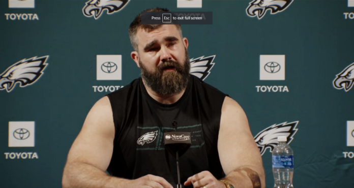 The announcement of Jason Kelce's retirement: After 13 years in the NFL, he cries up like a hungry baby throughout a tearful press appearance with his brother Travis and his family...