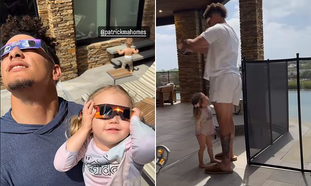 Exclusive: A hilarious incident As his daughter Sterling tries to stare directly at the solar eclipse, Patrick Mahomes snaps into fatherhood gear and covers her eyes... What A Responsible Father!!!